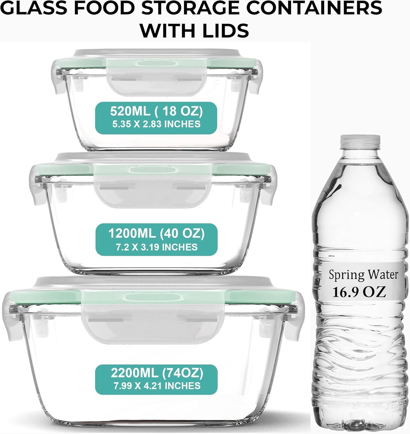 6 PC Square Glass Food Storage Containers W/ Airtight lids 74 40 & 18 oz Kitchen
