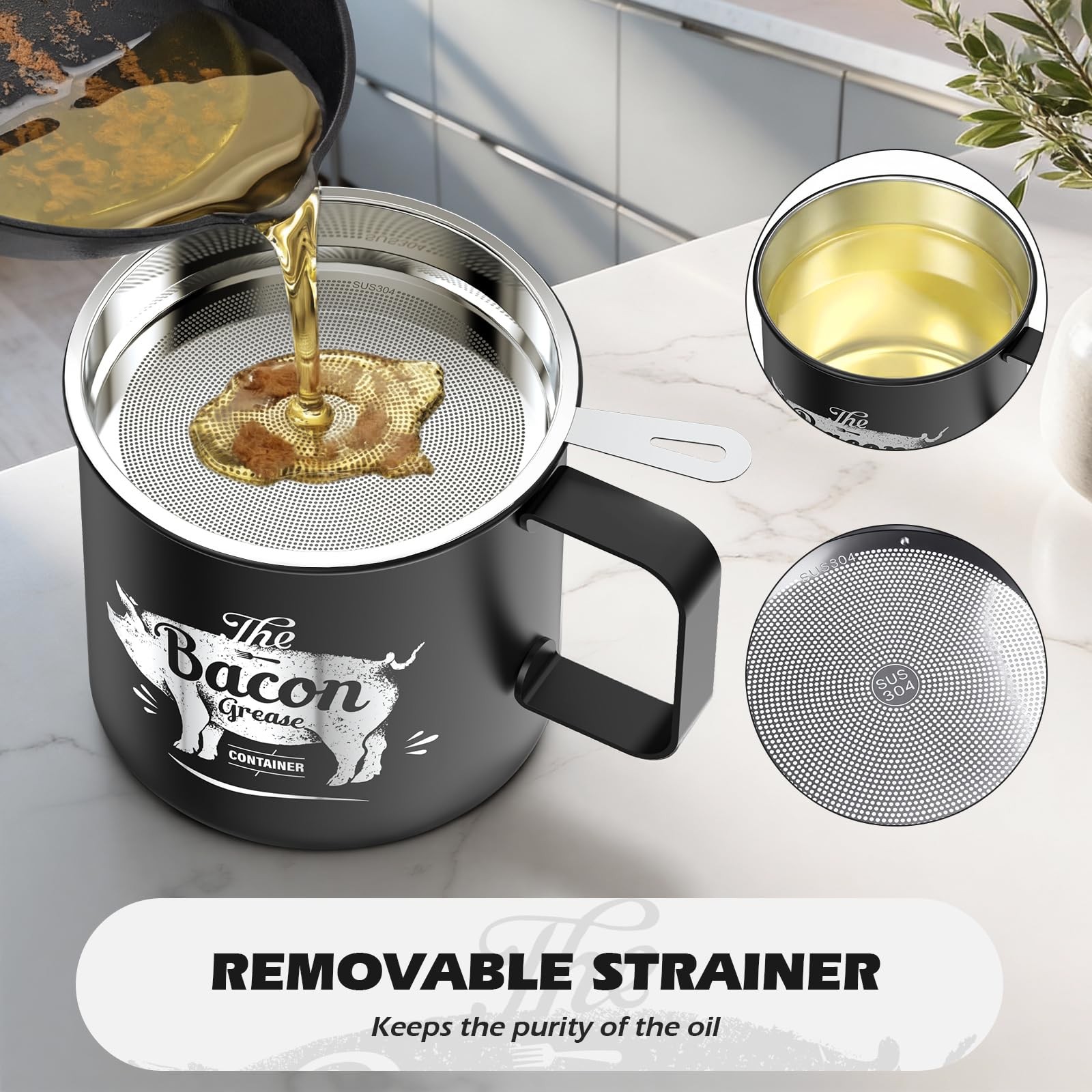 Mini Bacon Grease Saver With Strainer – 20 OZ Stainless Steel Oil Container, …