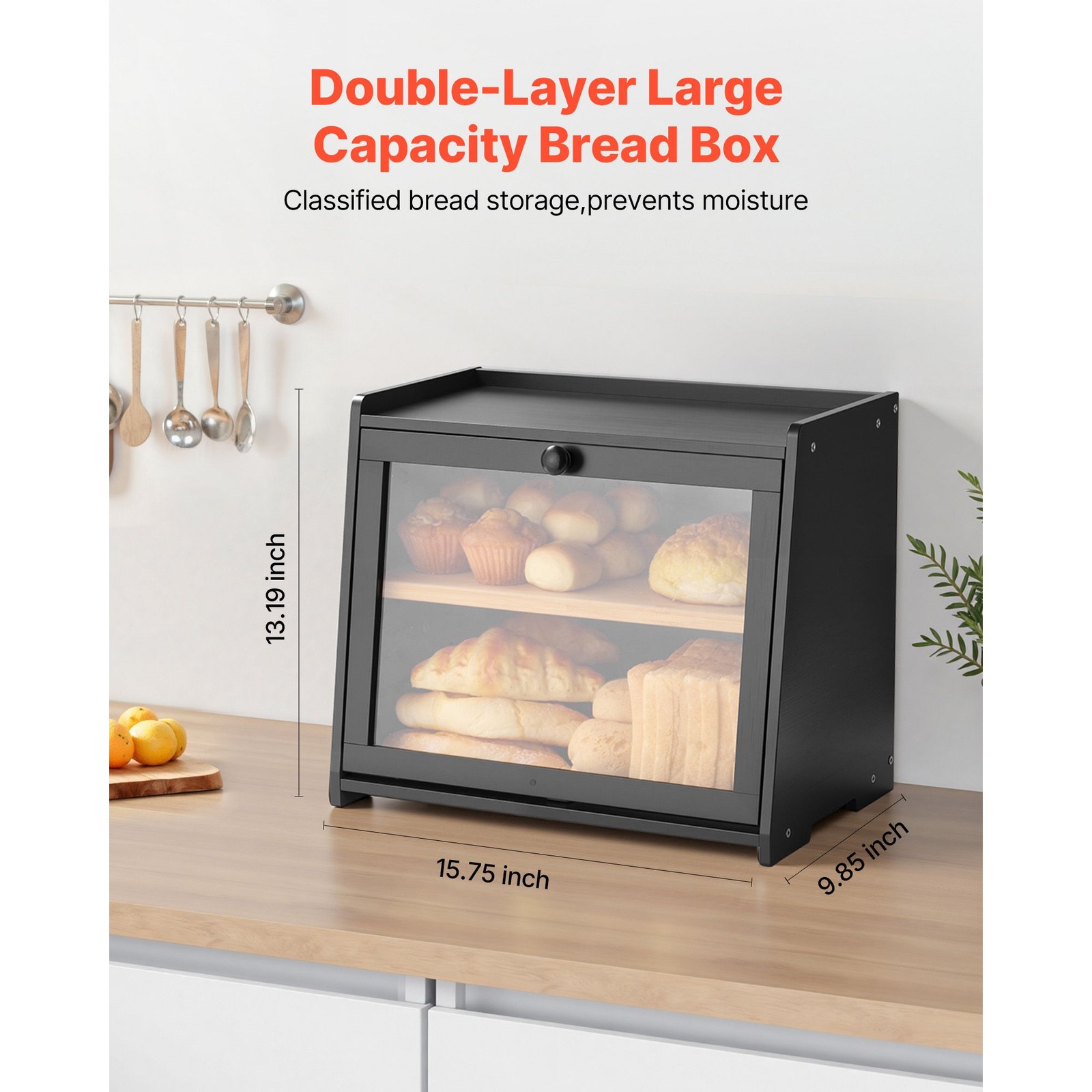 Double layer bamboo bread box with acrylic wavy door, large capacity for kitchen