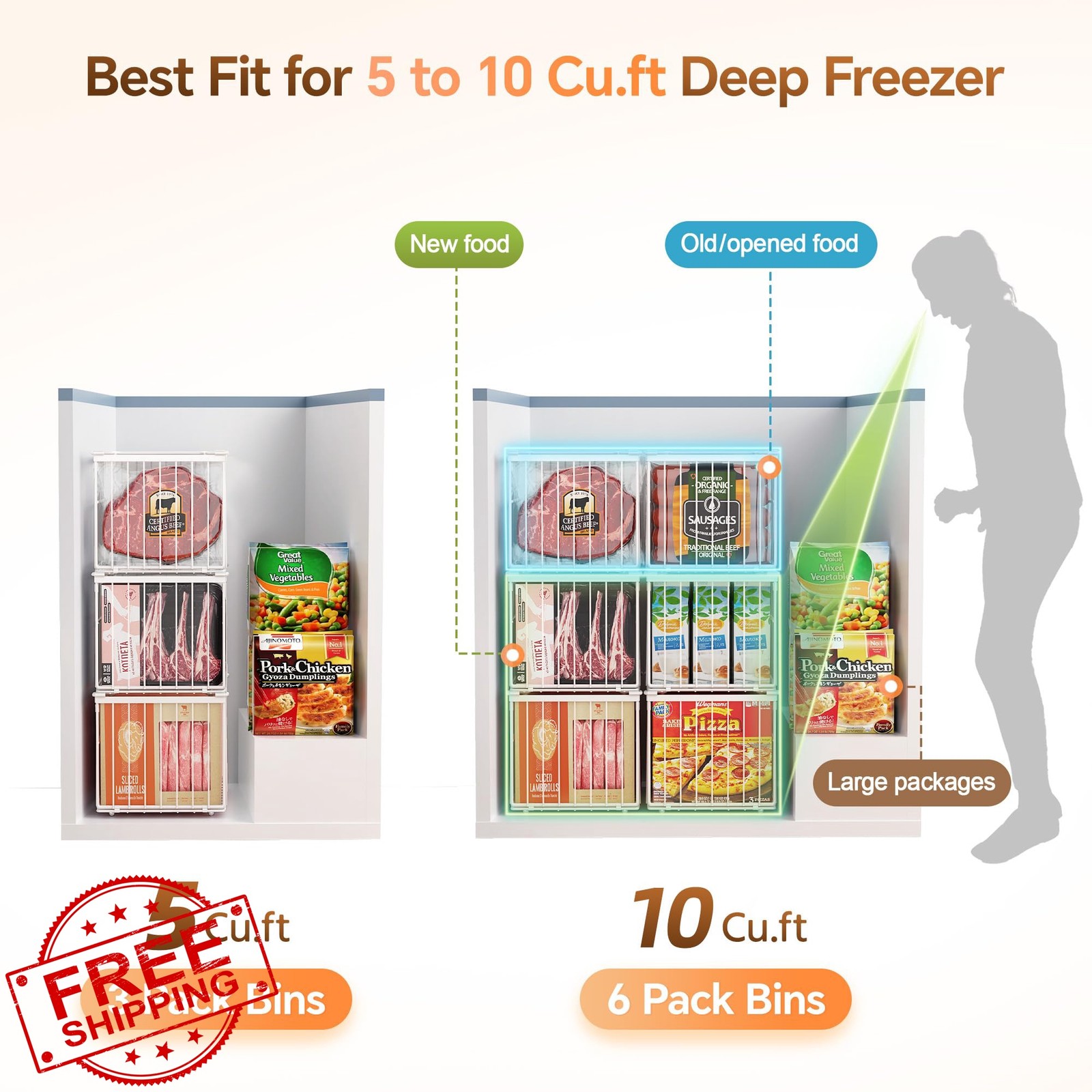 MSERCUOR Freezer Organizer Bins White 3 Pack