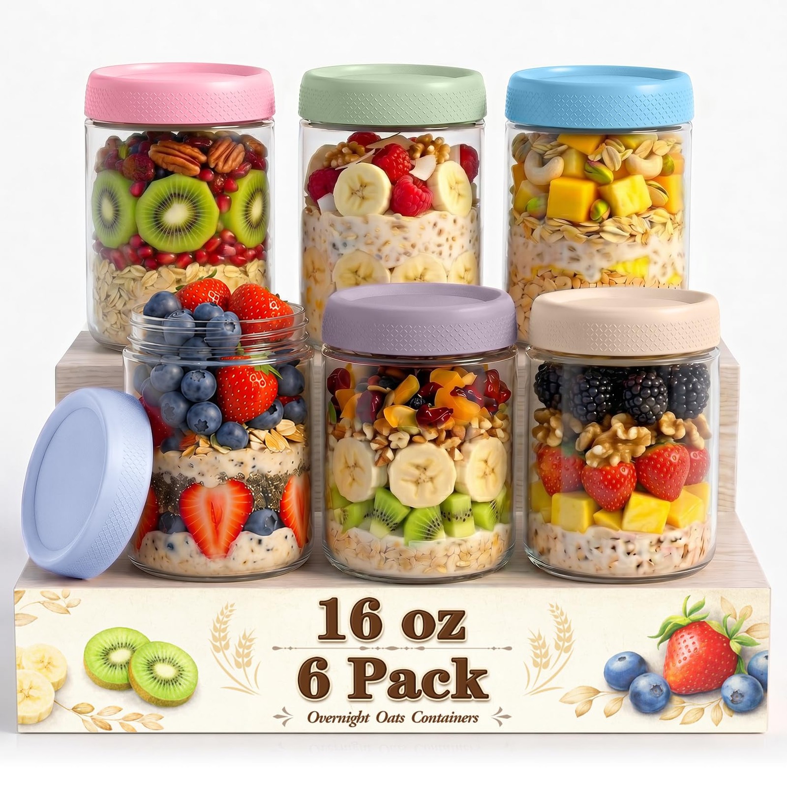 SECLENT 16 oz Mason Jars, Overnight Oats Pastel Harmony, Harmony