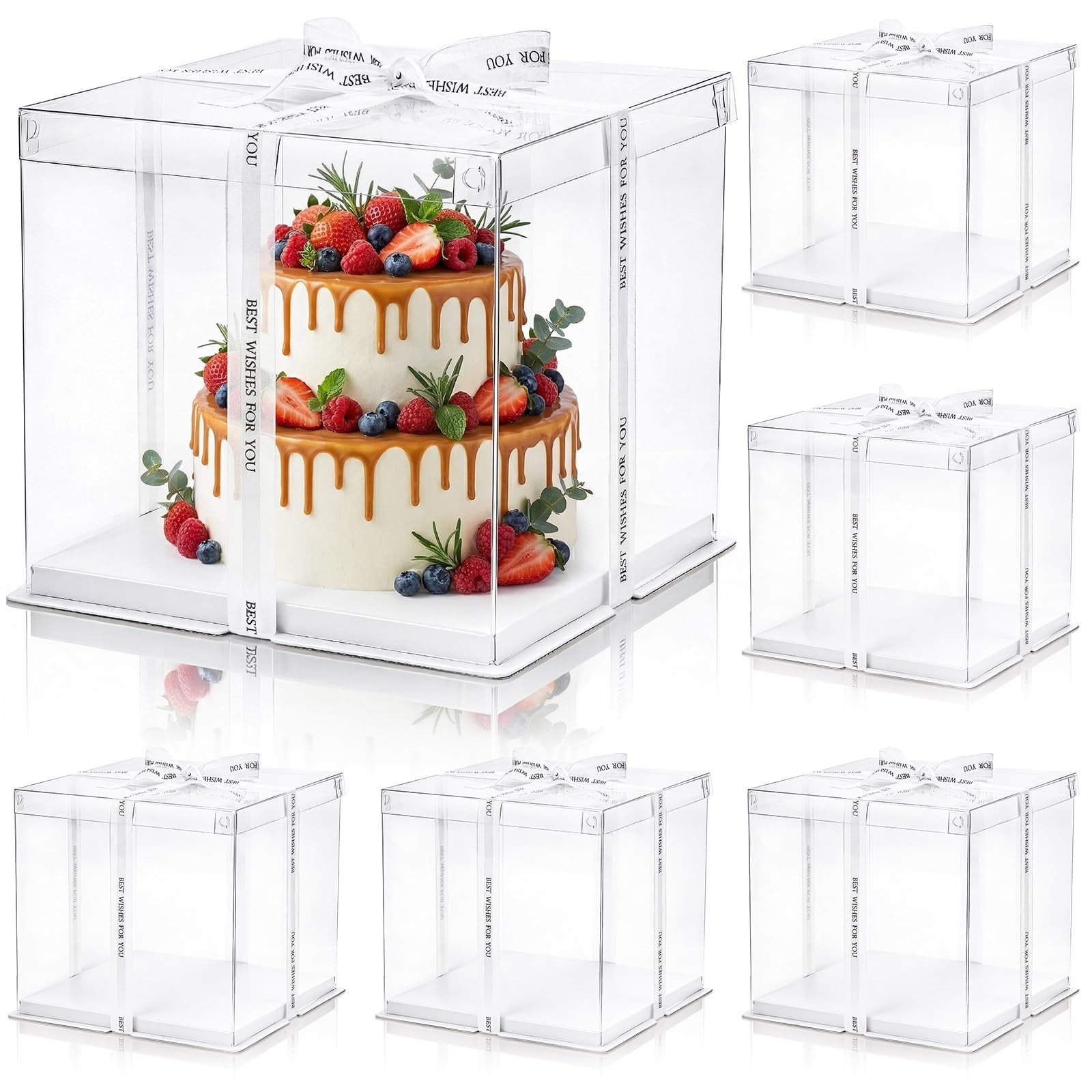 6 PCS Clear Cake Box Ribbon 2Layer 10x10x10 Inch Transparent Carrier Lids