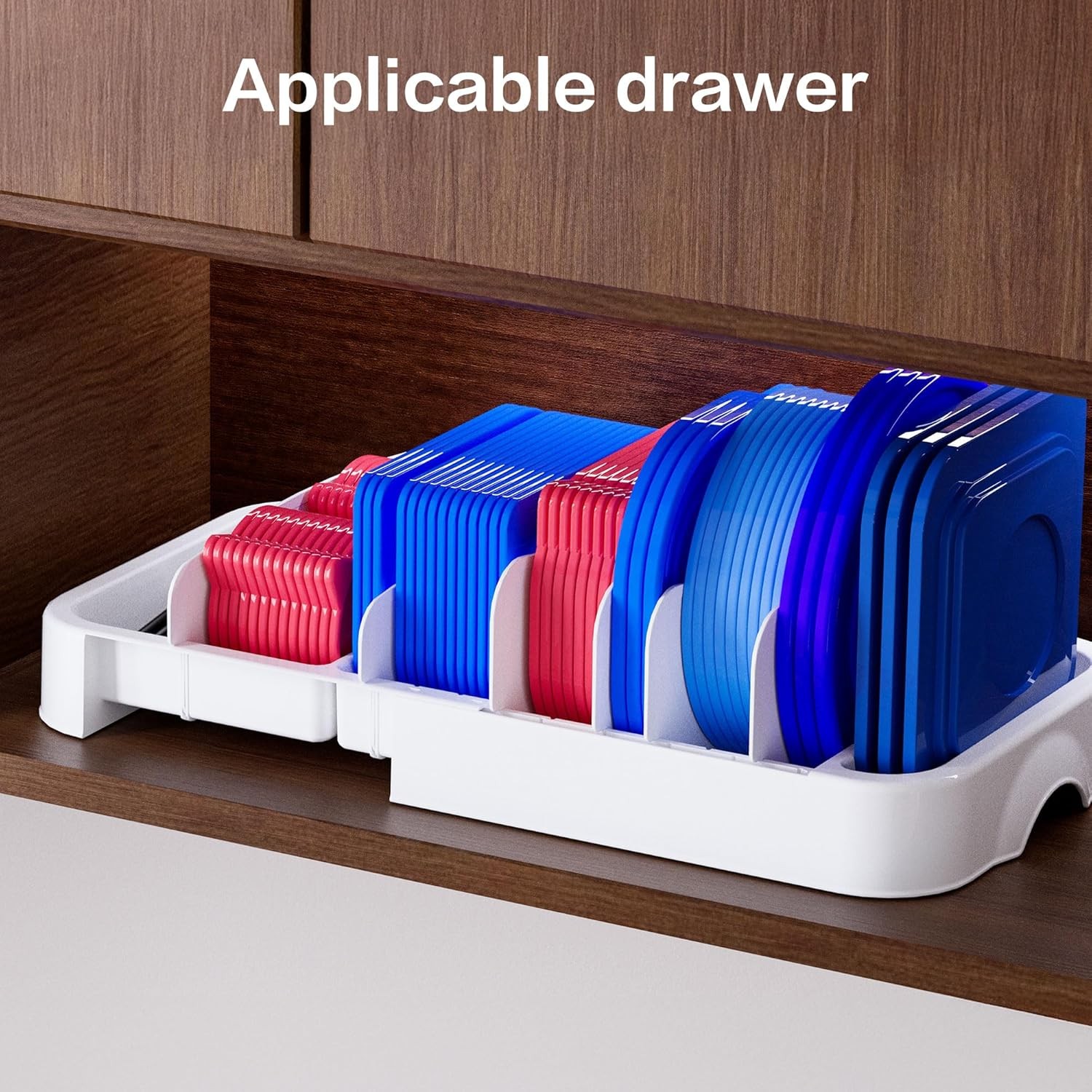 Expandable Lid Storage Organizer Adjustable Length Kitchen Food Container W/ 6