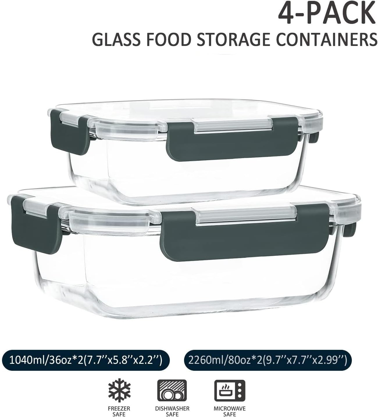 [80 Oz & 36 Oz Extra Large Glass Food Storage/Baking Containers Set with Lids, 2