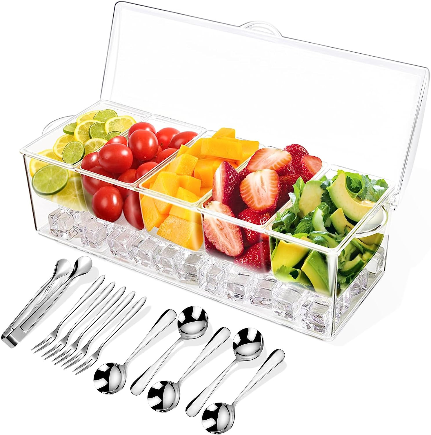 Condiment Tray Server Caddy Removable Trays with Lid 5 Spoons 5 Forks 1 Clip