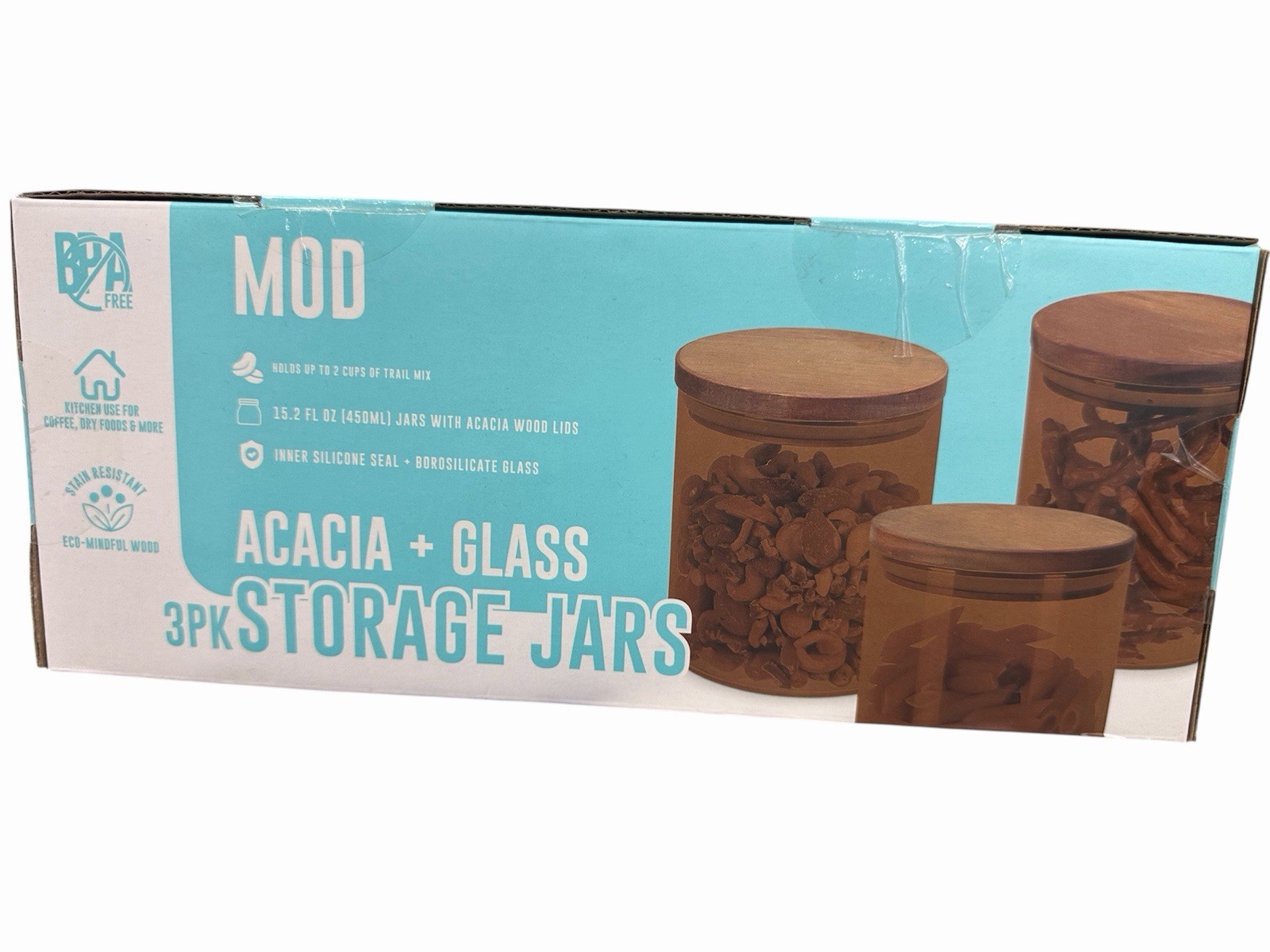 MOD Acacia Wood & Glass Storage Jars 3PK BPA-Free Stain Resistant 15.2 fl oz