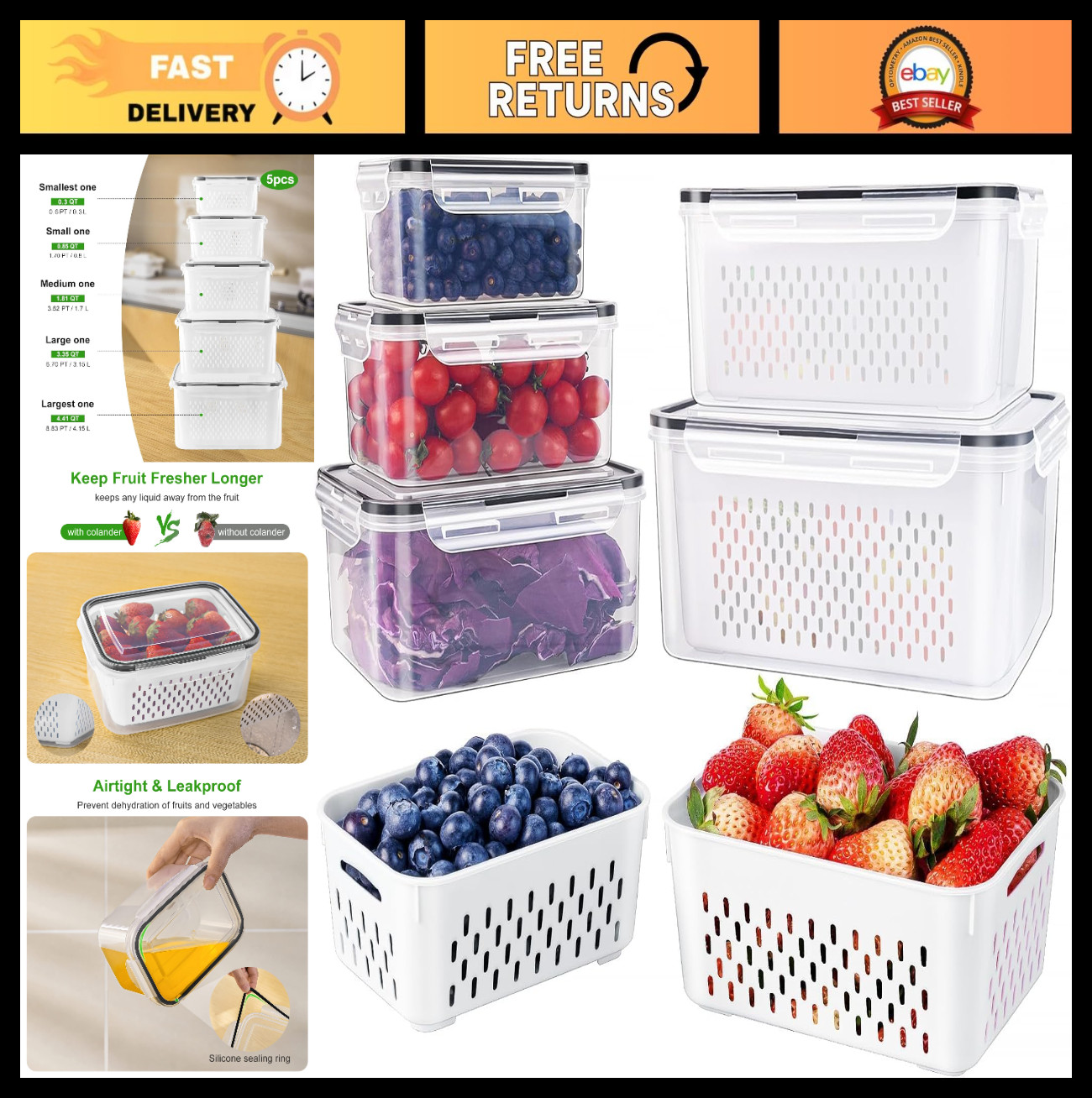 5 PCS Leakproof Large Fruit & Vegetable Storage Containers – Microwave Safe, Rem