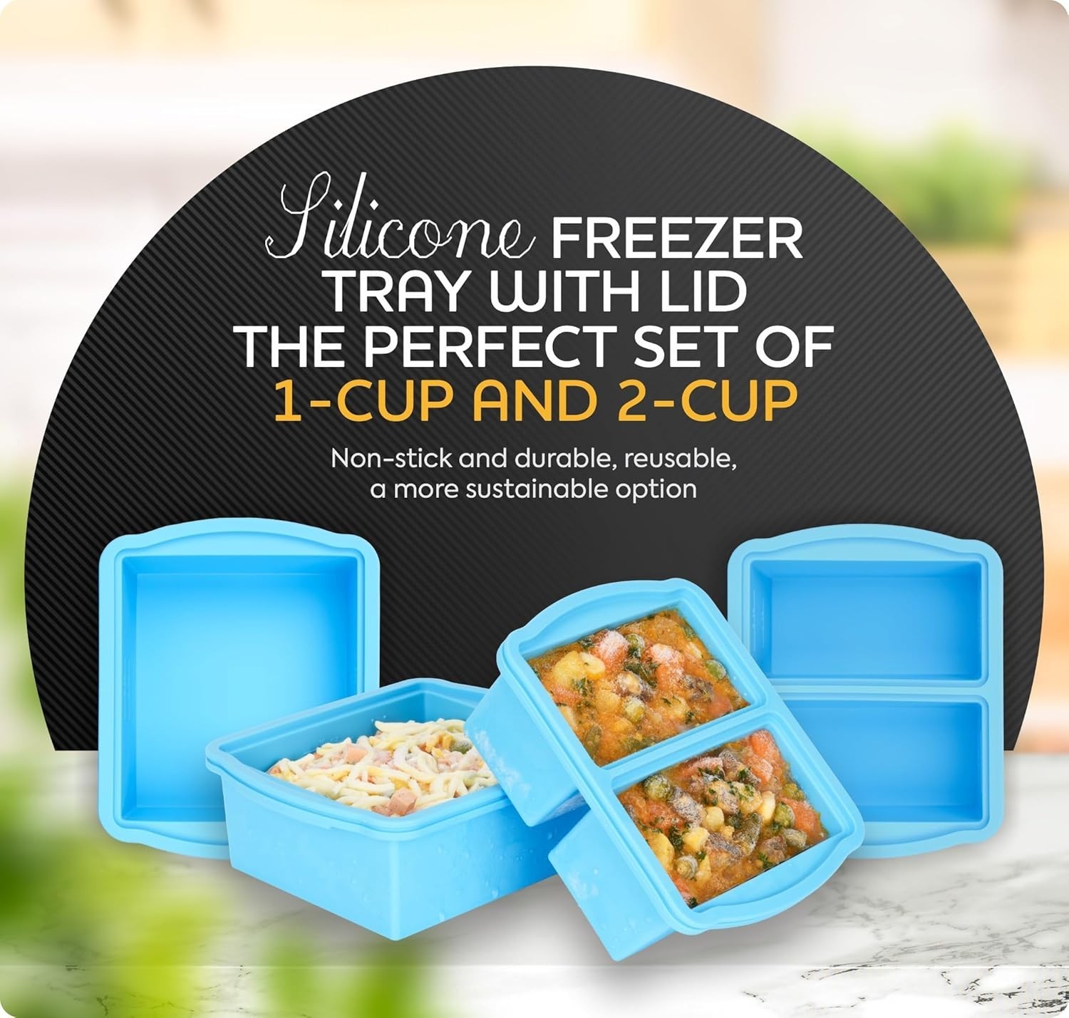 Set of 4 Silicone Freezer Trays with Lids, 1 & 2 Cup Soup Storage Molds