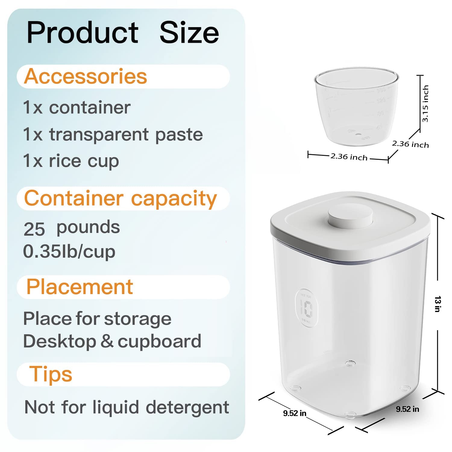 20-25 lbs Rice Dispenser,10.5 Qt/10 L/22-25 lbs Rice Container Storage with M…
