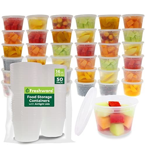 Food Storage Containers [50 Set] 16 oz Plastic Deli Containers with Lids, Sli…