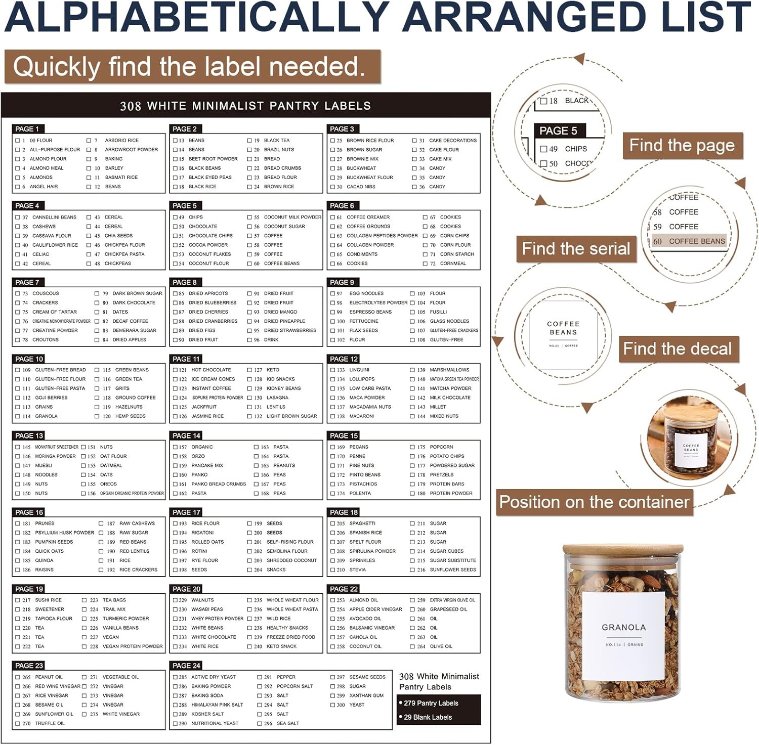 308 Kitchen Pantry Labels for Food Containers, 3 Sizes White Minimalist Labels