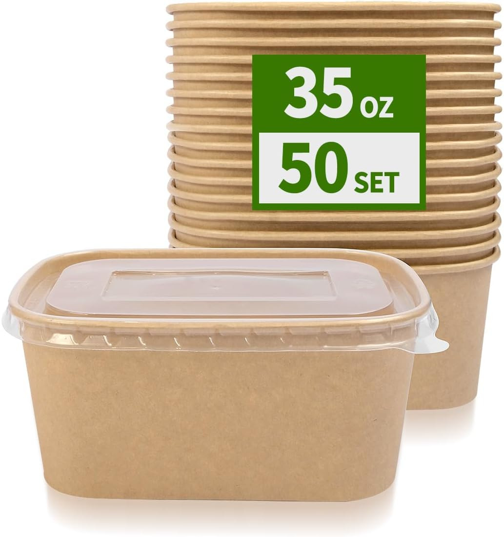 35 oz Paper Meal Prep Containers with Lids 50 Pack Hot and Cold Use | Microwavab