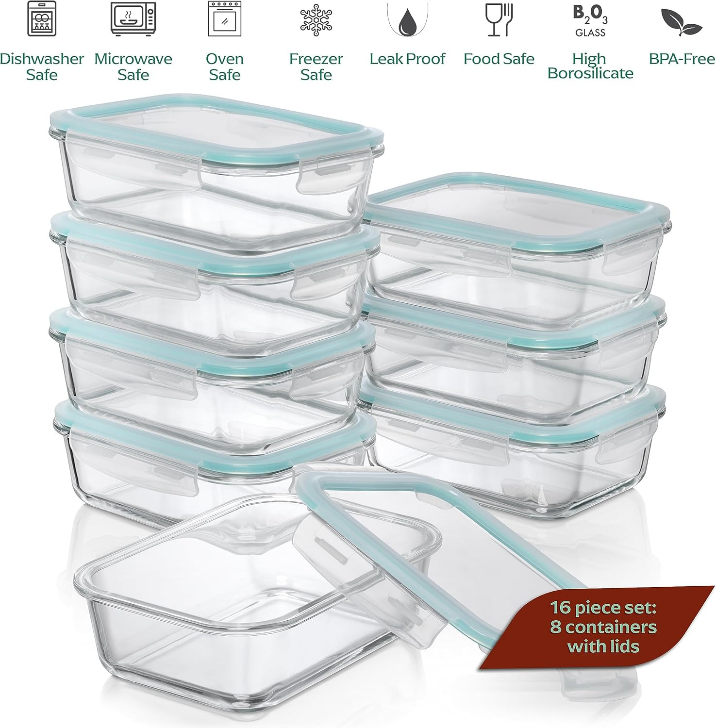 8 Pack 35 Oz Glass Storage Containers with Lids – Airtight, Leakproof, Oven, Mic