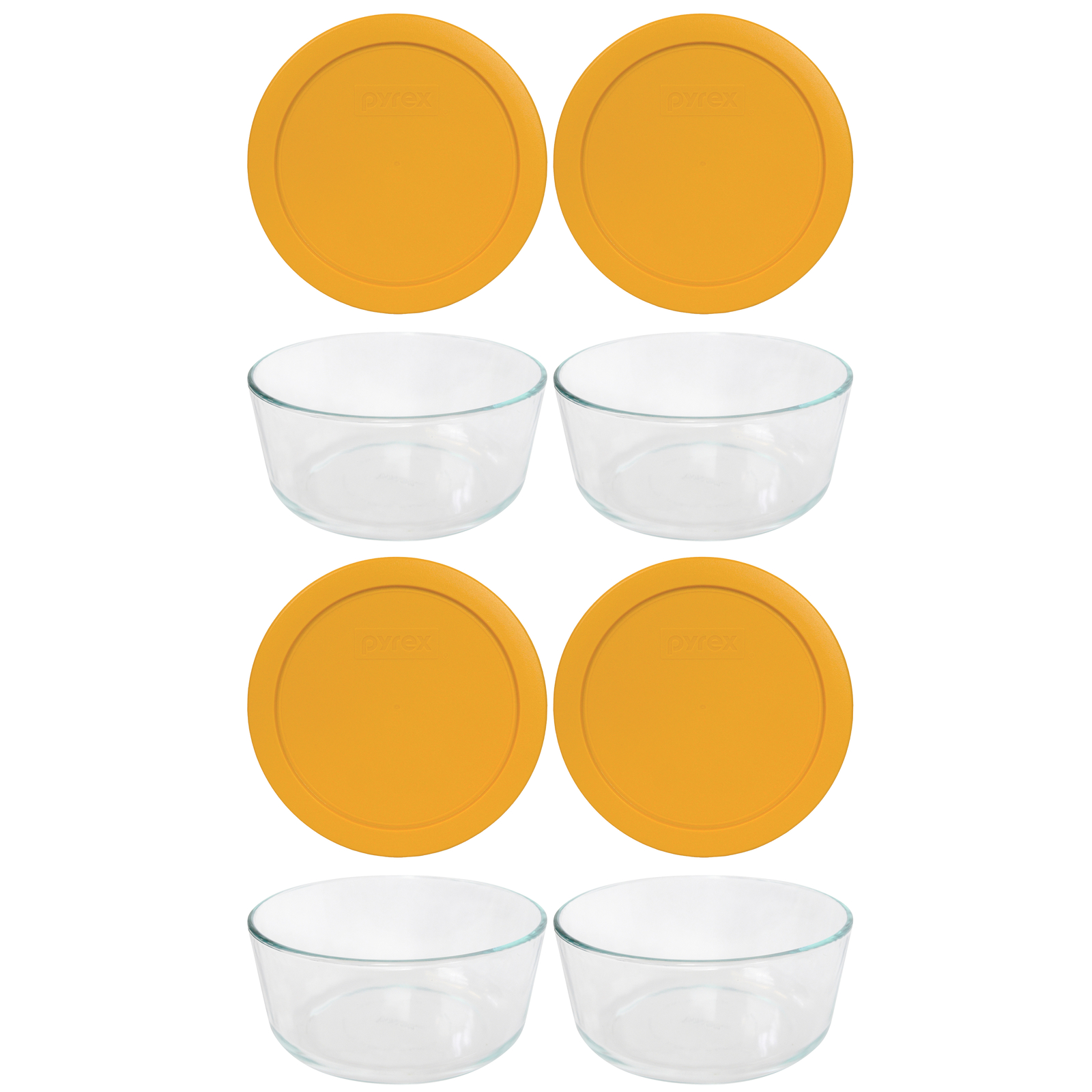 Pyrex (4) 7203 7-Cup Glass Bowls & (4) 7402-PC 6/7-Cup Lemon Drop Yellow Lids