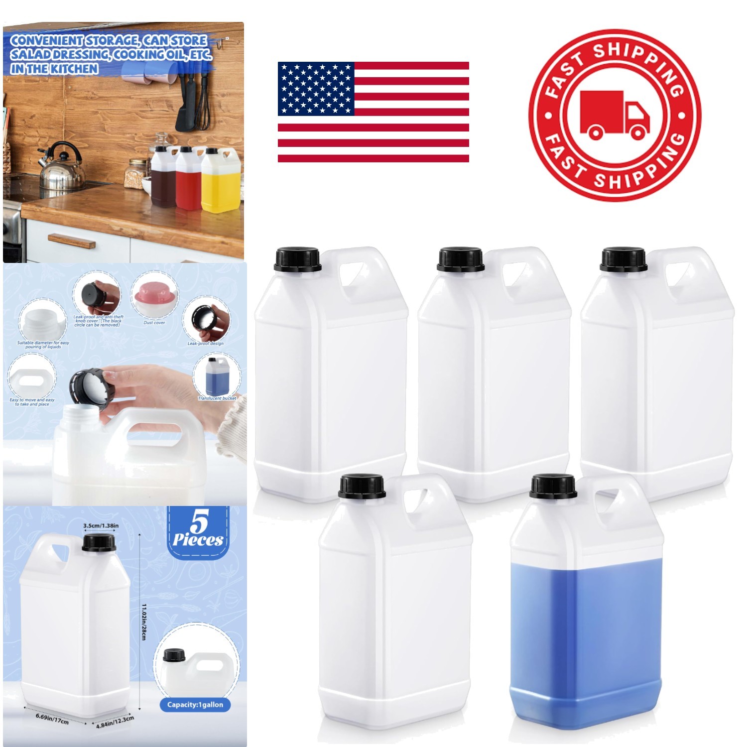 HDPE Plastic Storage Jugs with Lids Five Pack One Gallon for Home and Commercial