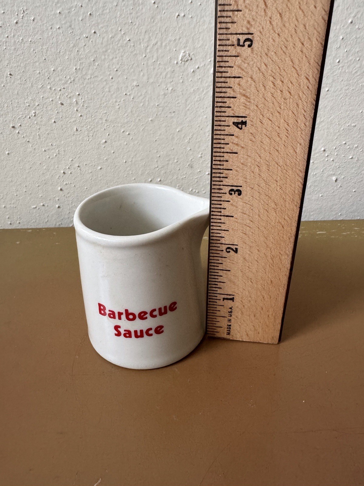 VTG Hall Small Barbecue Sauce Container / Pitcher, White w/ Red Lettering