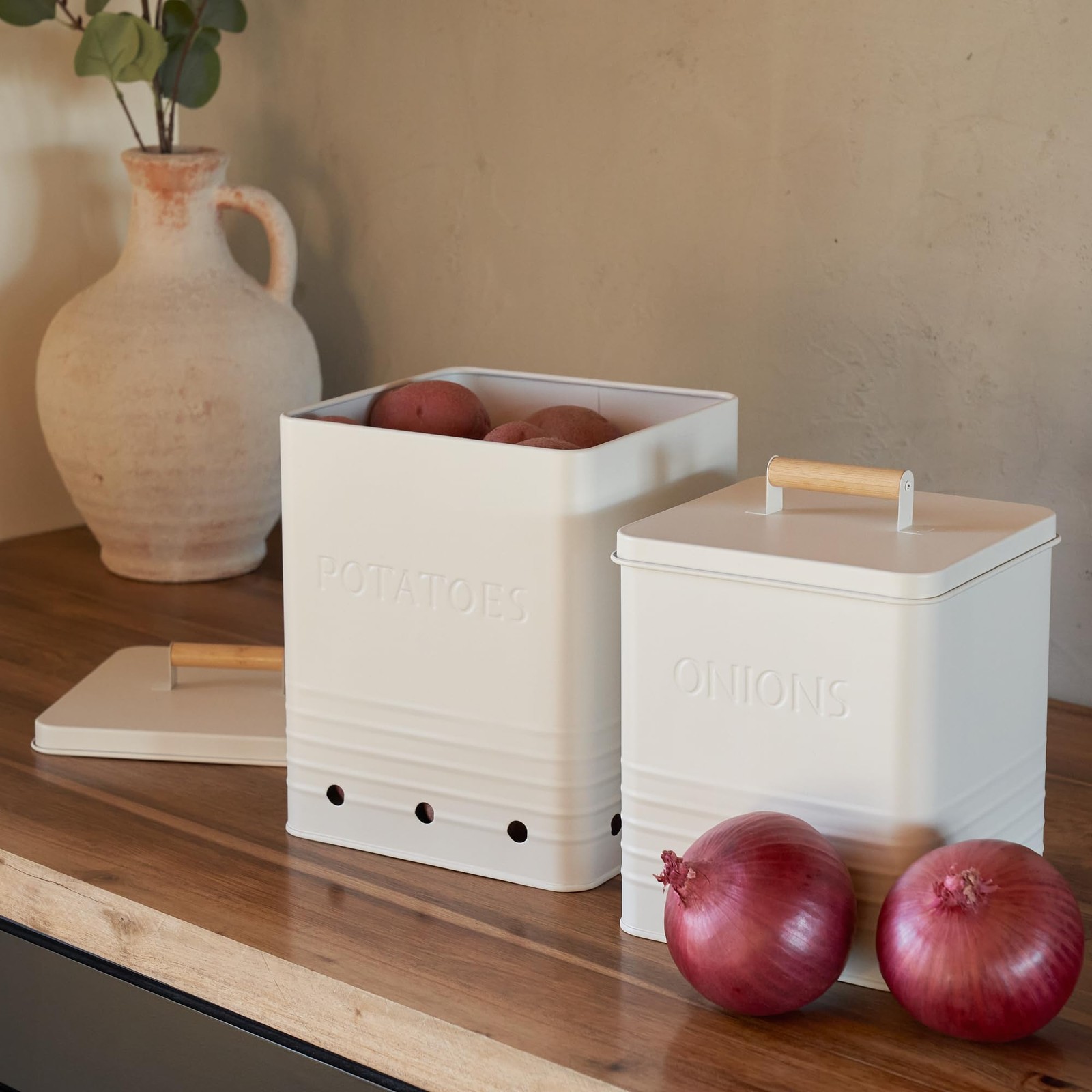 Metal Potato Onion Storage Canister Set Spacious Kitchen Counter Bins