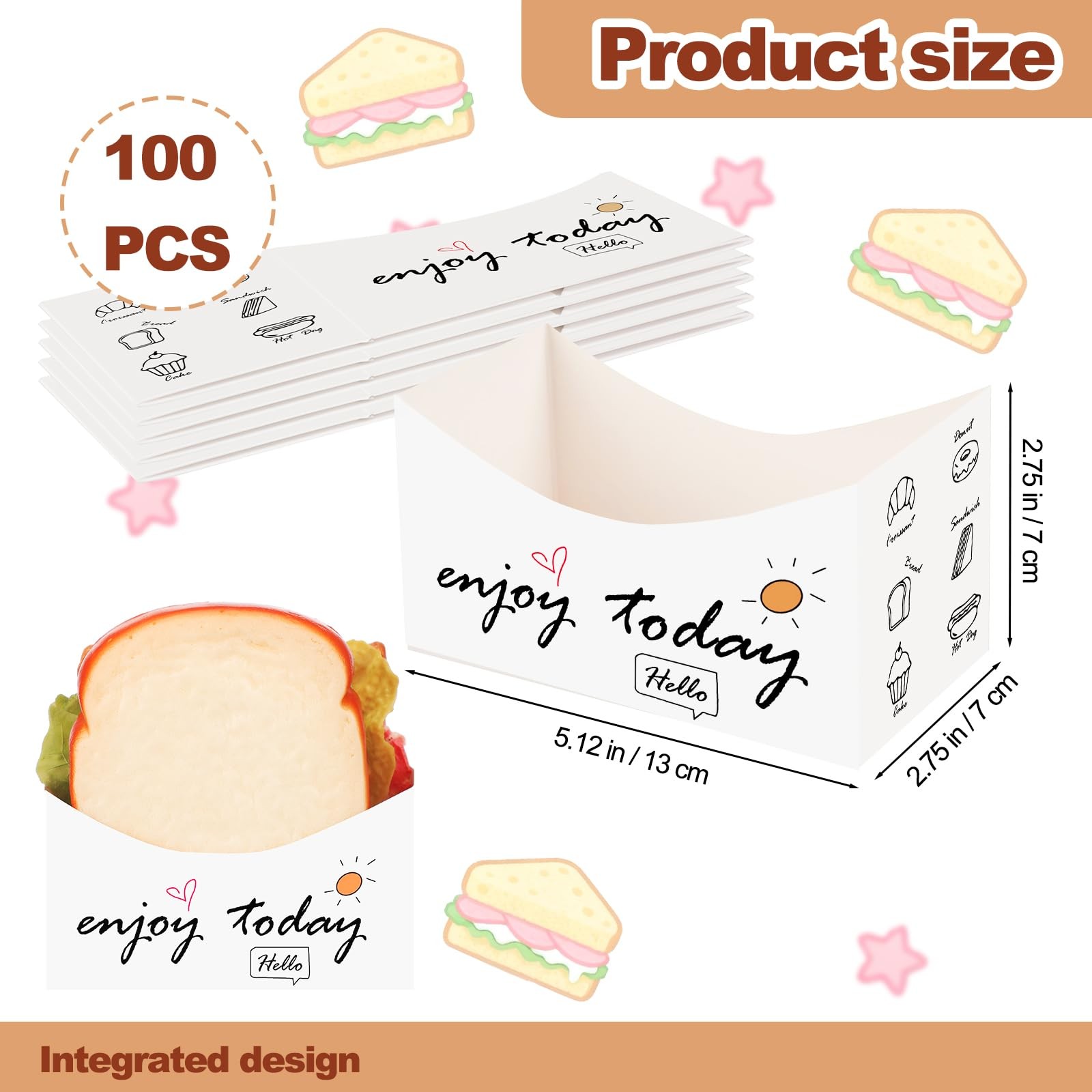 100 PCS Foldable Paper Sandwich Boxes 5×2.8×2.8 Inch Burger Toast Bread Tray