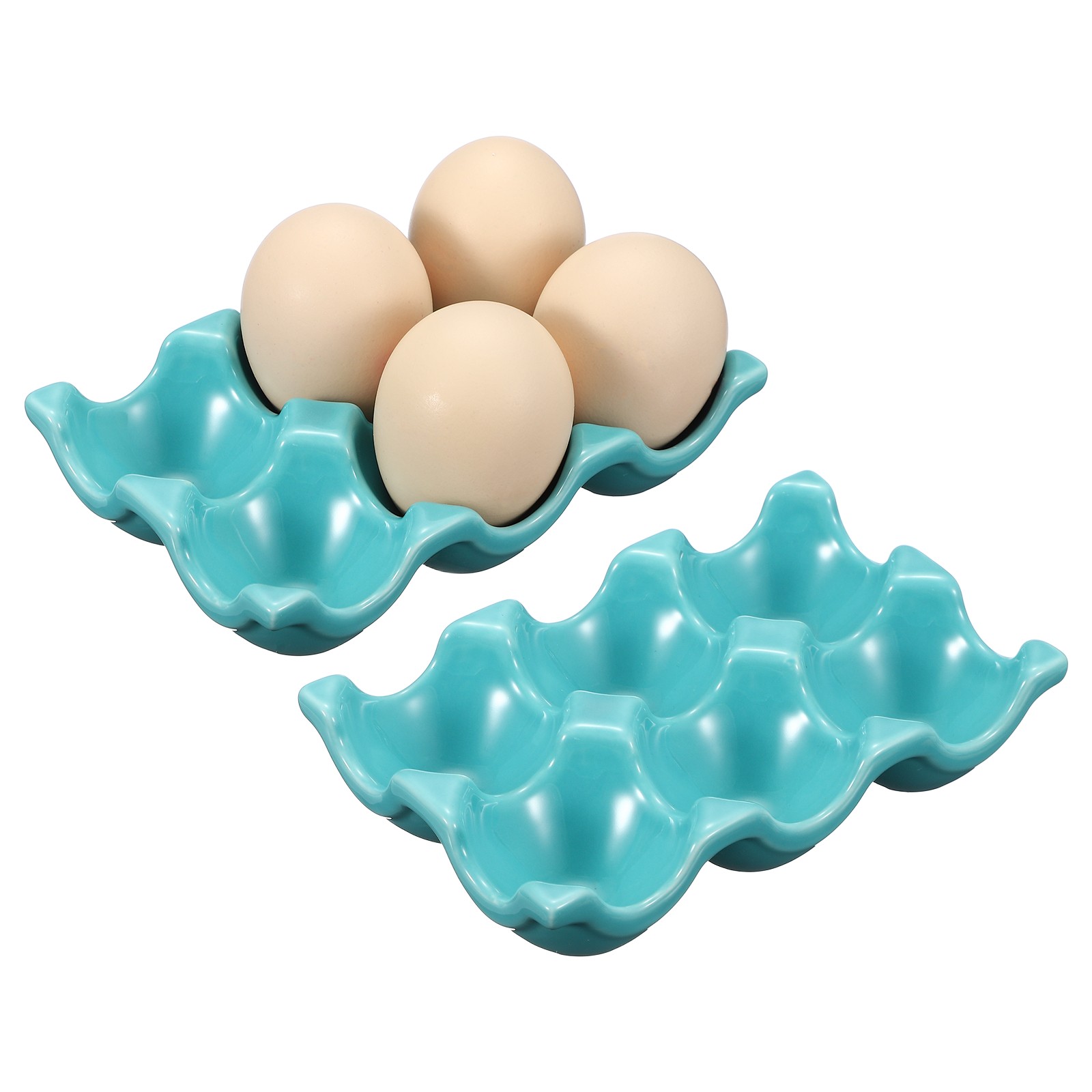 2Pcs Ceramic 6 Cups Egg Tray Holder for Home Kitchen Storage, Light Blue