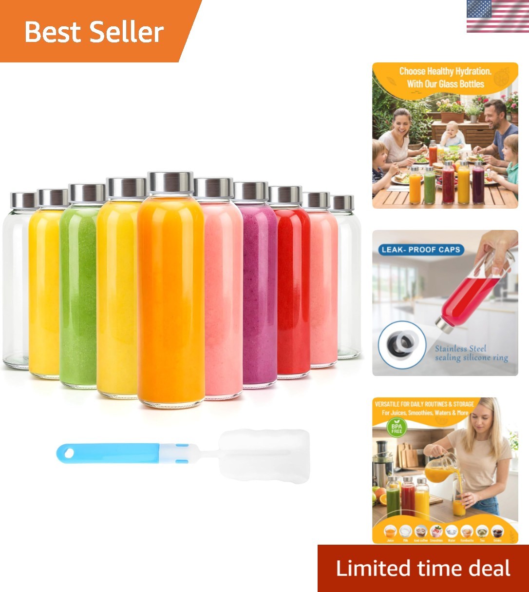 Clear Glass Bottles with Lids 18 oz, Reusable Glass Water Bottles with Stainl…