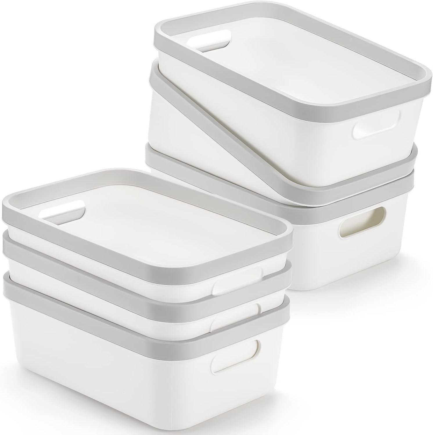 Set of 6 Plastic White Storage Bins with Handle 10″x 7″x 4″ Office Shelf Open