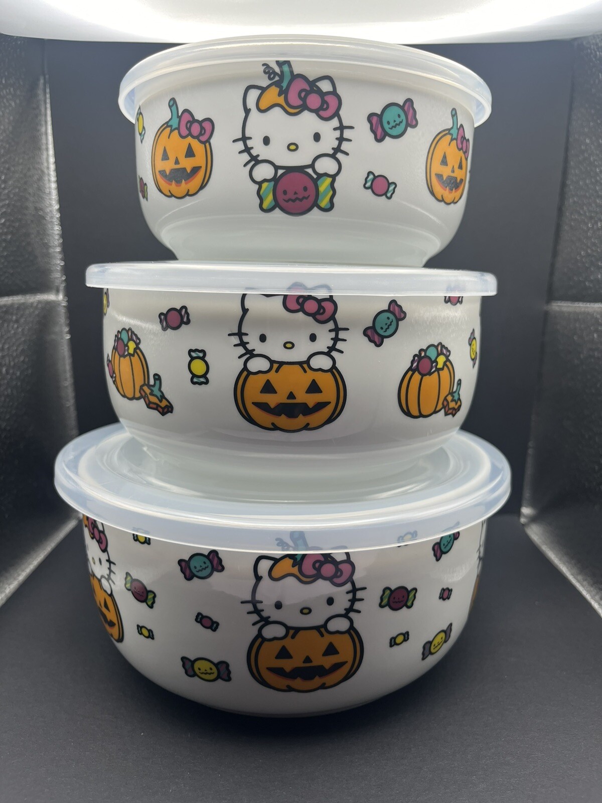NEW Hello Kitty Halloween Pumpkin & Candies 3 Piece Ceramic Tupperware Storage
