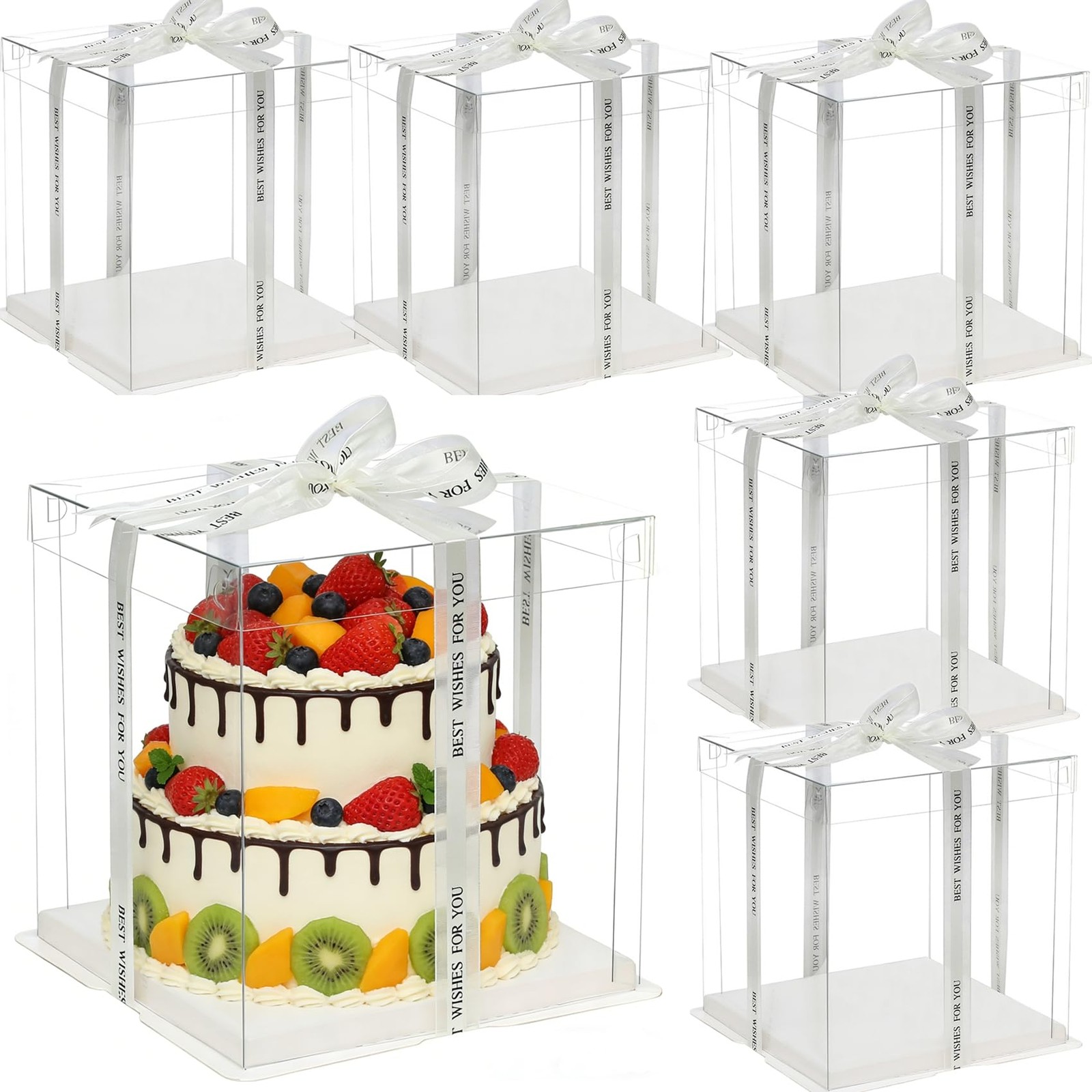 6 Pack Clear Cake Box 2Layer Transparent Ribbon 10x10x9 Inch Tall Carrier