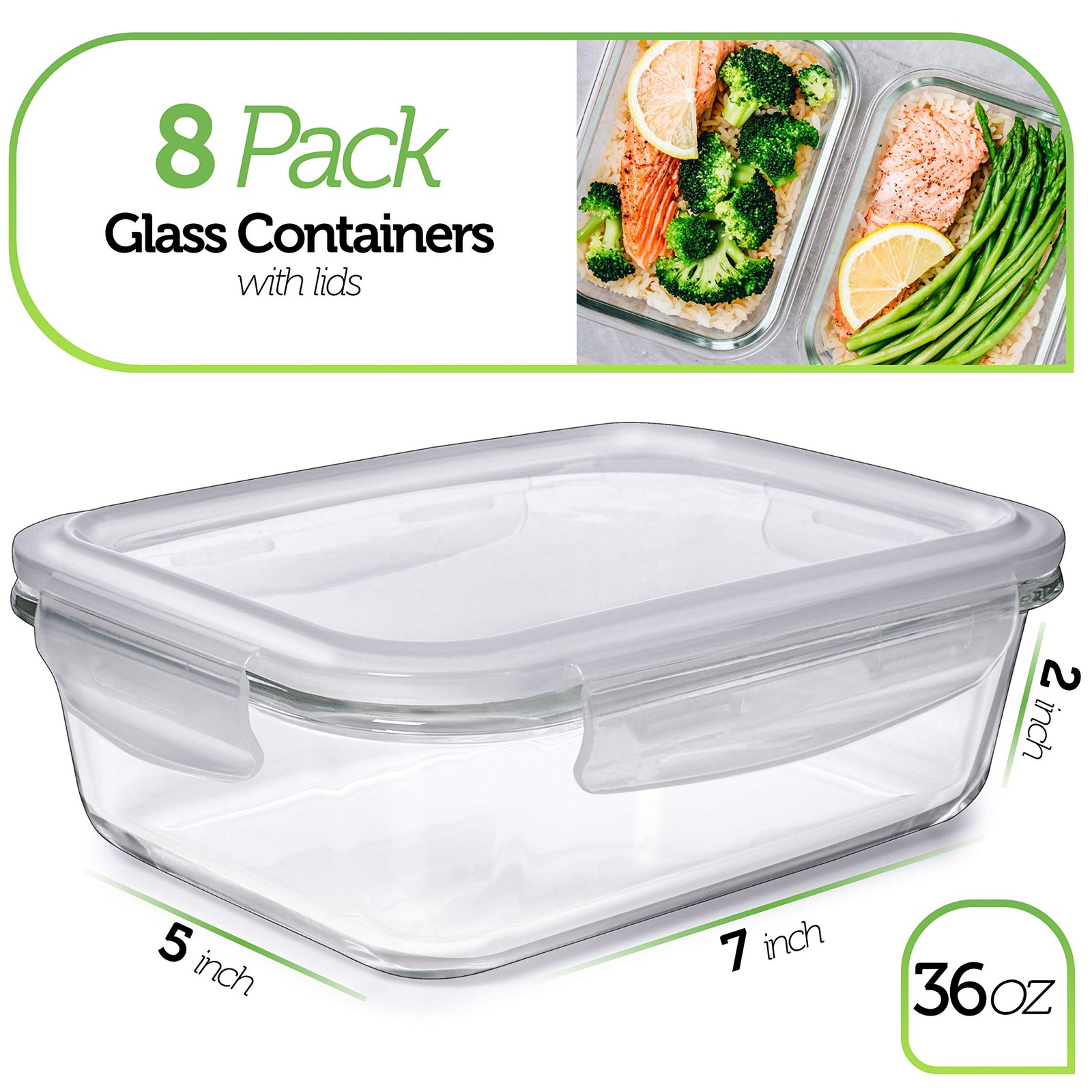 PrepNaturals 8 Pack 36 Oz Glass Meal Prep Containers – Dishwasher Microwave F…