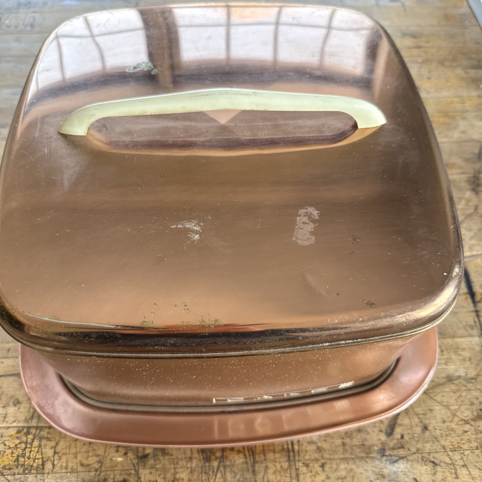 Vintage Lincoln Beautyware Metal Copper RETRO peach Colored Square Cake Carrier