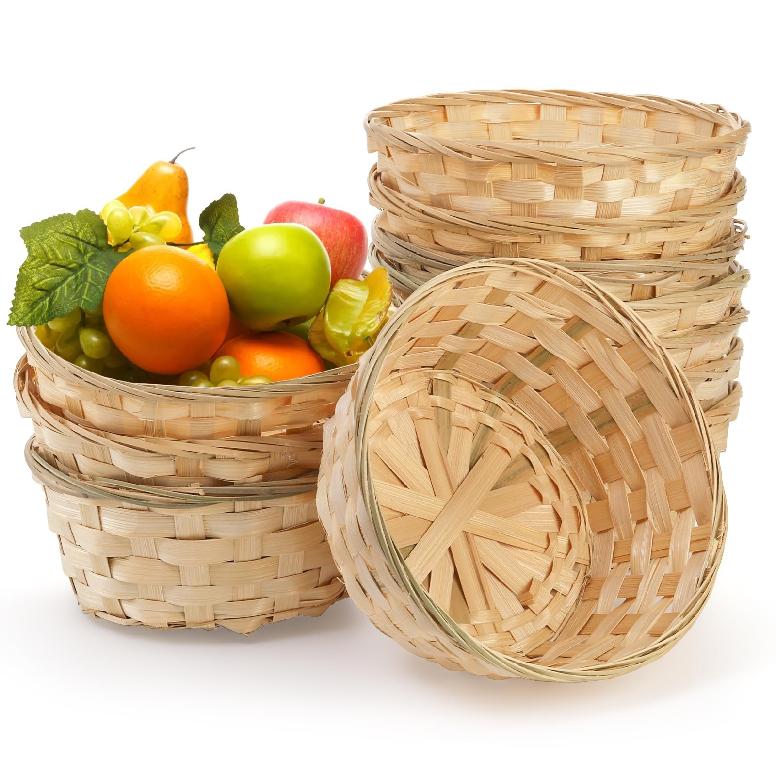 10 Pack Round Gift Baskets, 8 Inch Natural Bamboo Woven Fruit Basket, Small W…