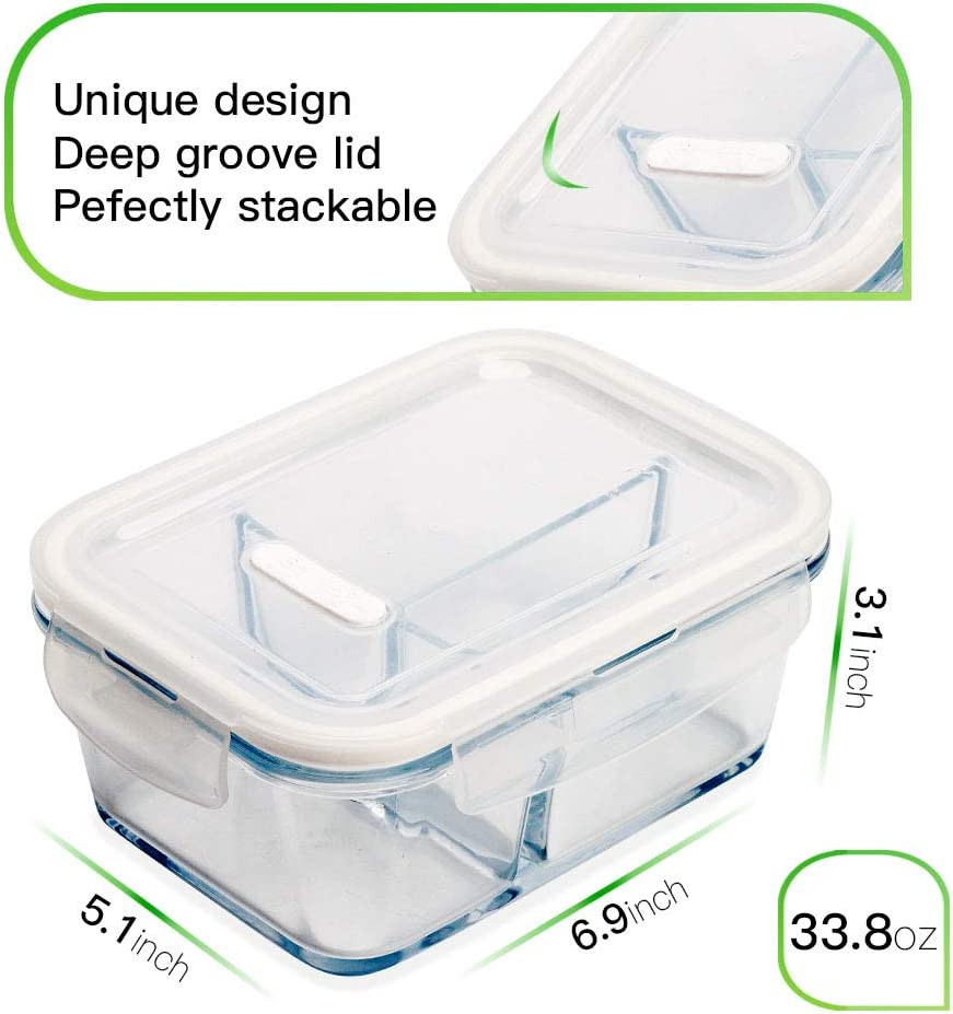 3 Pack 36Oz Bento Box Glass Meal Prep Containers with 3 Compartments, Glass Food