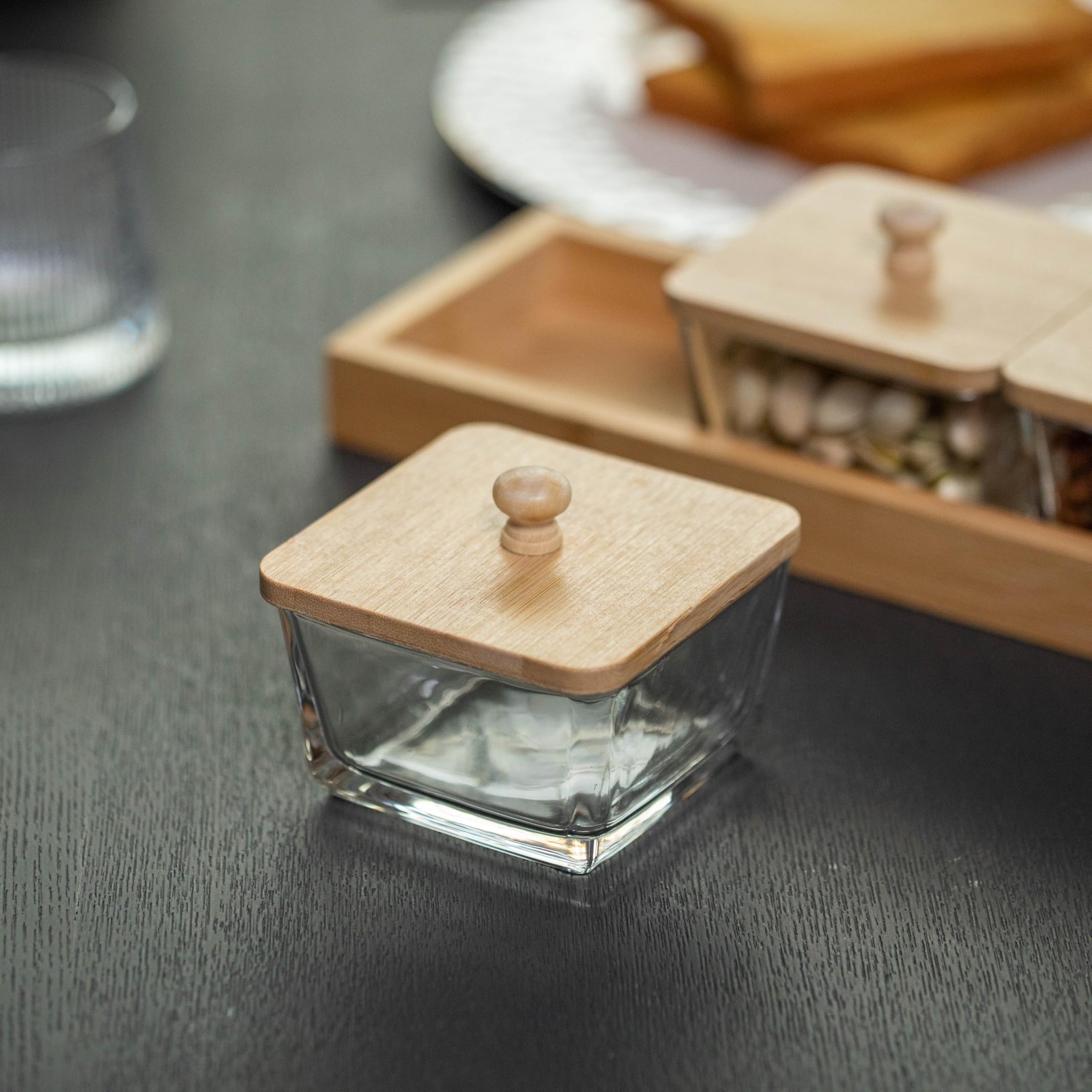 Set of 3 Square Glass Jars with Bamboo Lids and Wooden Tray – Rectangular Cha…