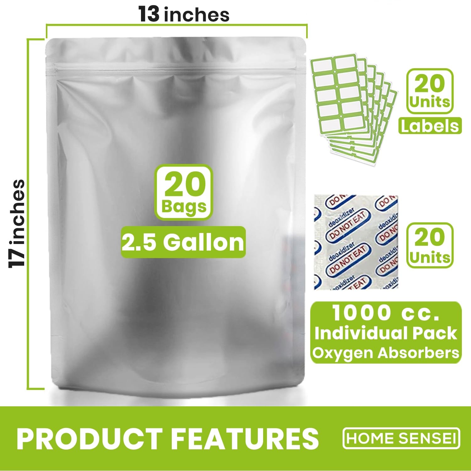 20 Mylar Bags for Food Storage, 2.5 13 x 17 Inches (2.5 Gallon), Silver