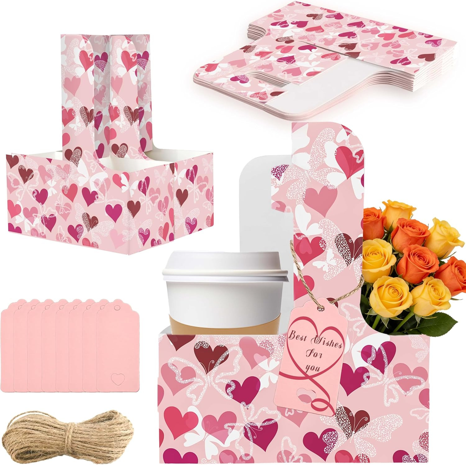 8 Set Drink Carrier,Cardboard Cup Holder with Love, Coffee Cup Holder with Handl