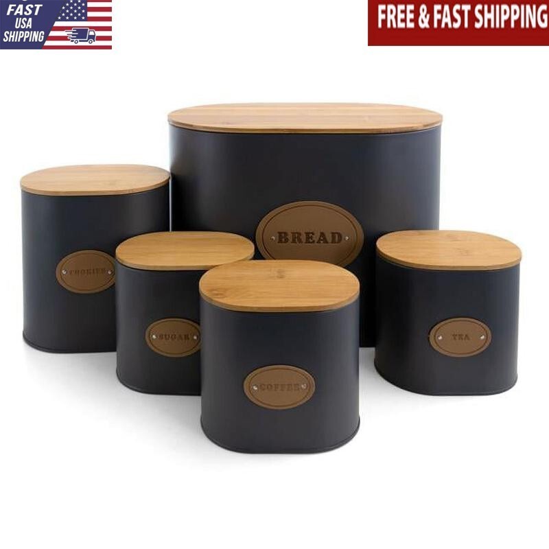 5 Piece Metal Canister Set W/ Bamboo Lids Kitchen Storage Organization New