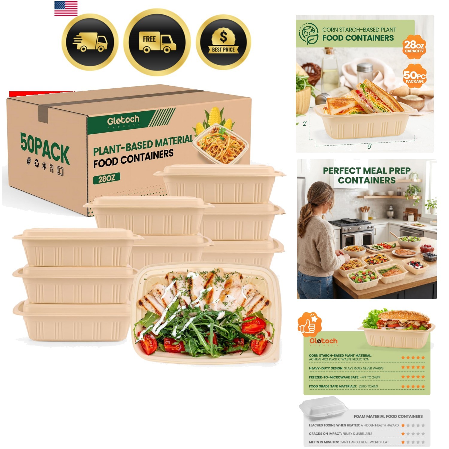 100 Piece 50 Pack Meal Prep Containers with Lids, 28 oz Cornstarch Food Stora…