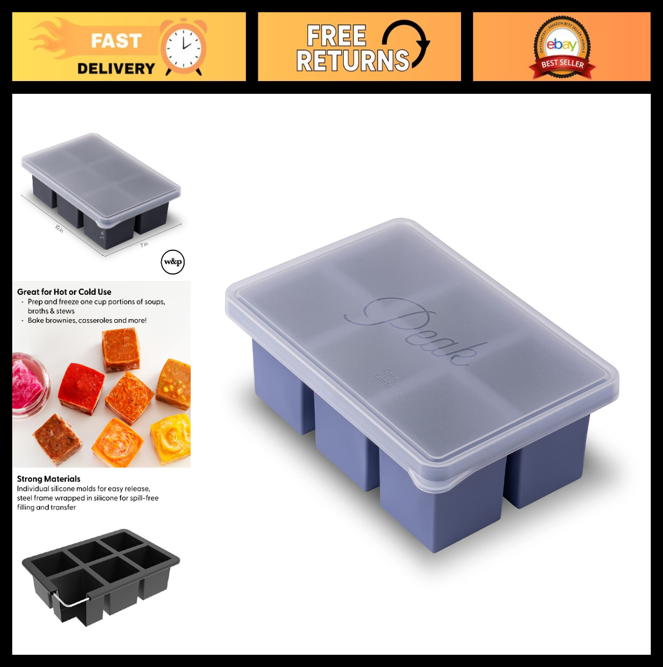 Silicone Freezer Tray with Lid – 6 Cup Portions for Soup, Broth, Sauce, Leftover