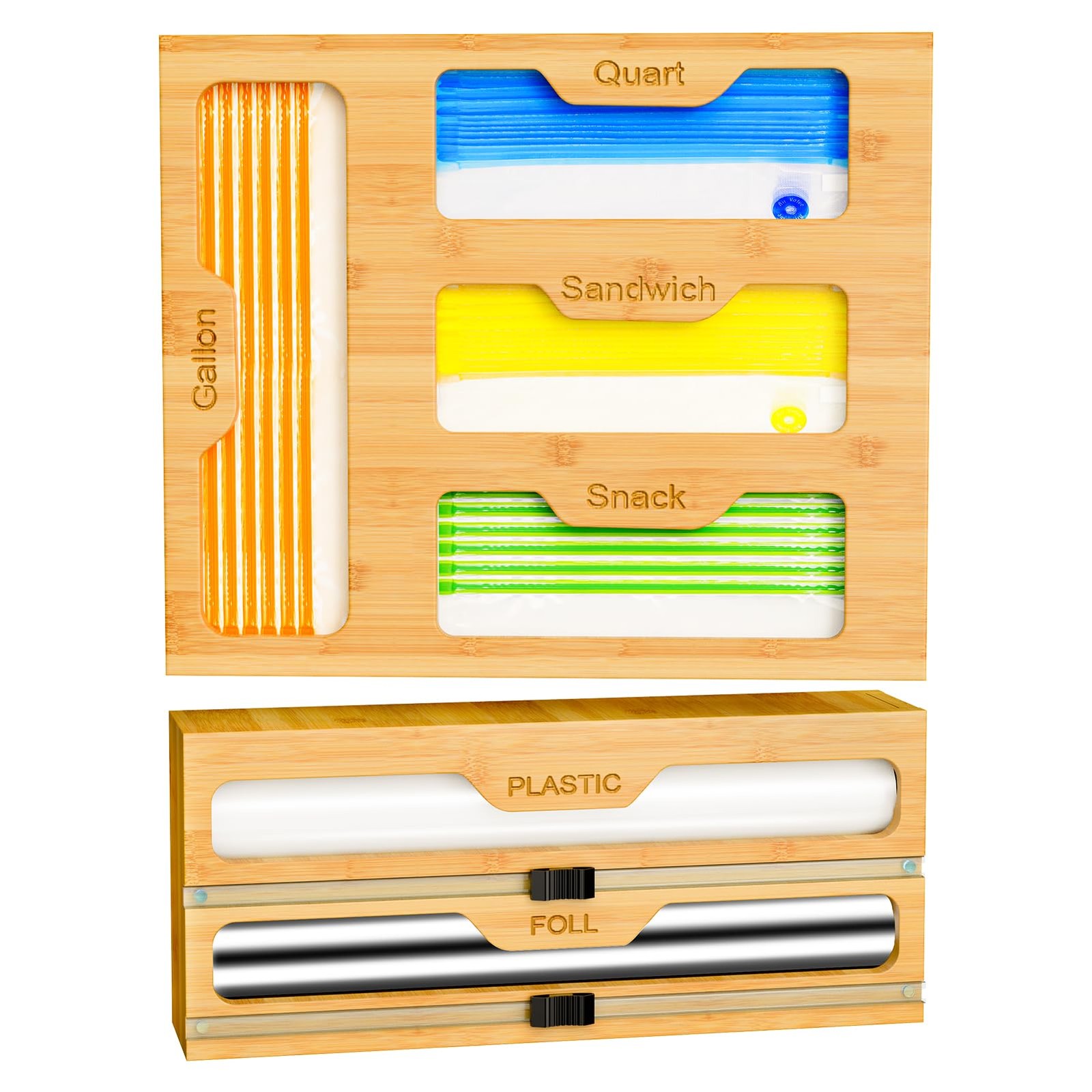 Bamboo Bag Storage Organizer – 2 Wrap Dispenser with Cutter & 4 Slots Food St…