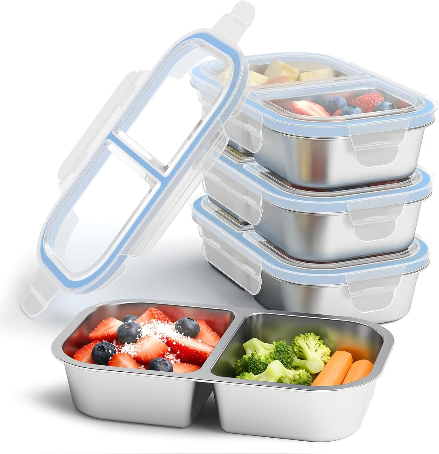 3 Pack Stainless Steel Snack Containers, 2 Compartment Reusable Metal Snack Boxe
