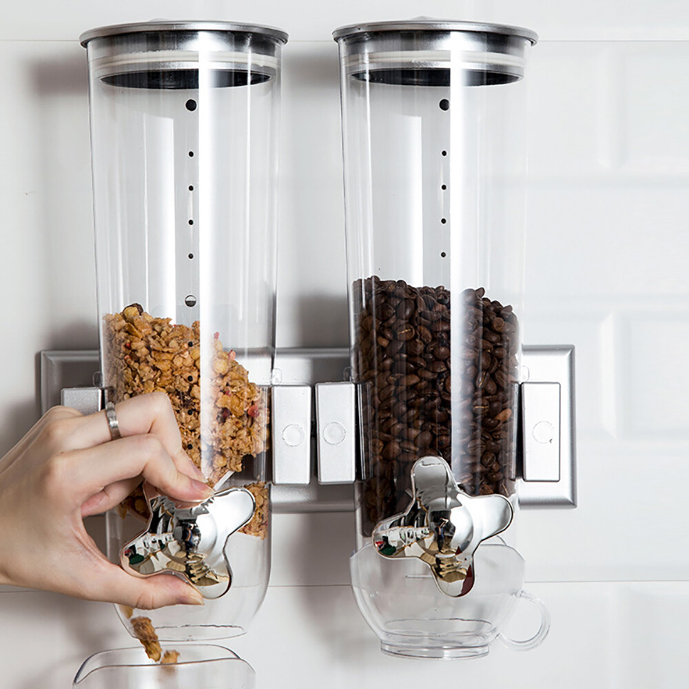 Wall Mount Double Cereal Dispenser Coffee Bean Dry Food Storage Container Silver