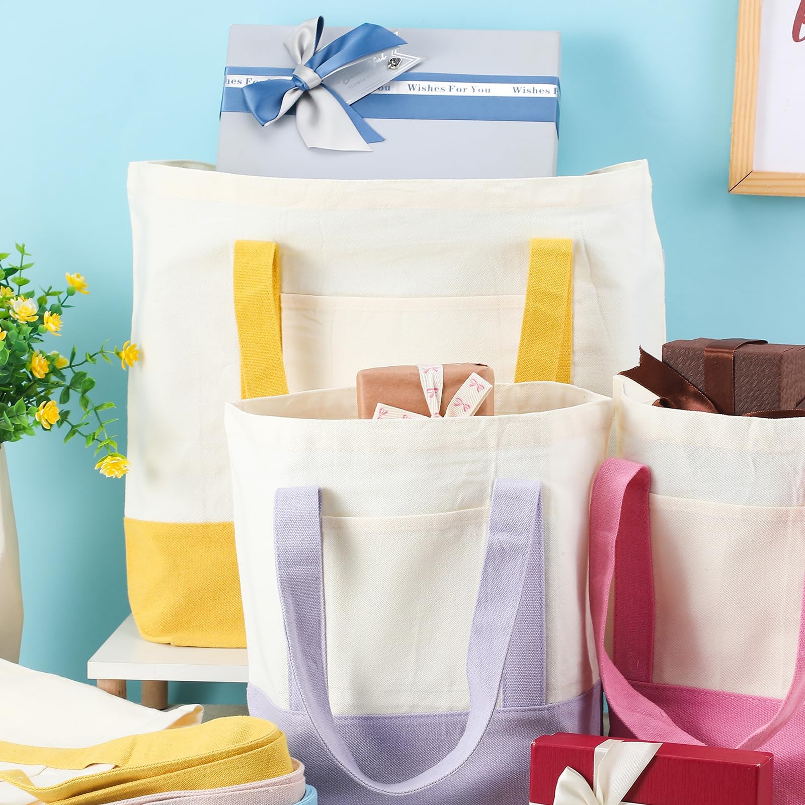 Eccliy 12 Pcs Mini Canvas Tote Bags 13 X 11 X 6 Small Tote Shopping Bag Bulk