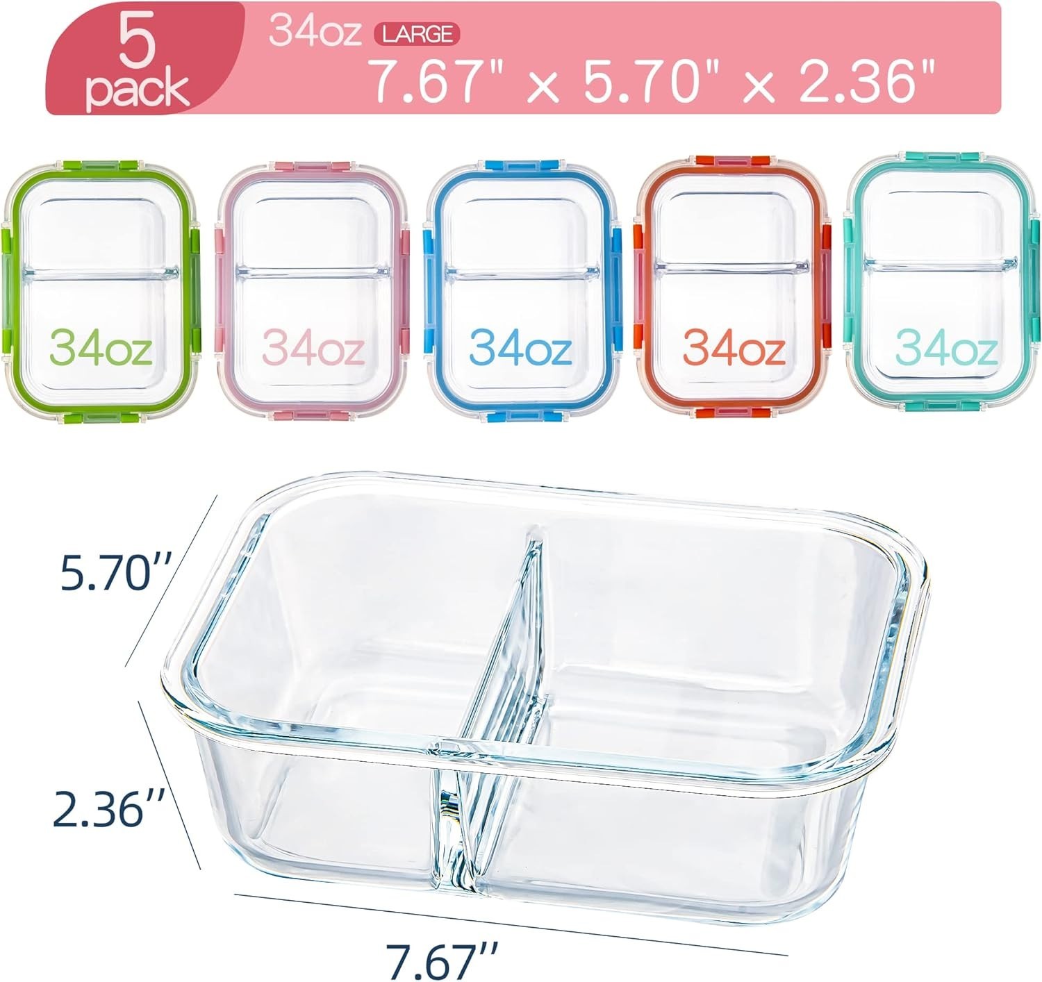 Glass Meal Prep Containers 2 Compartment with Lids (5 Pack, 34oz), Divided Glass
