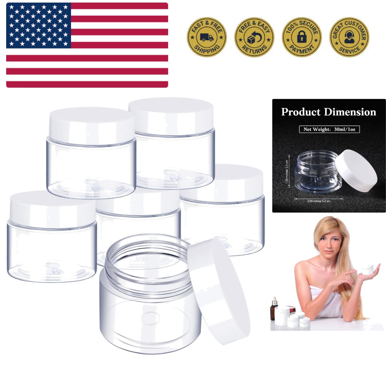 6 Pack 1 oz Plastic Jars Containers with Lids Wide-mouth Refillable Leakproof…