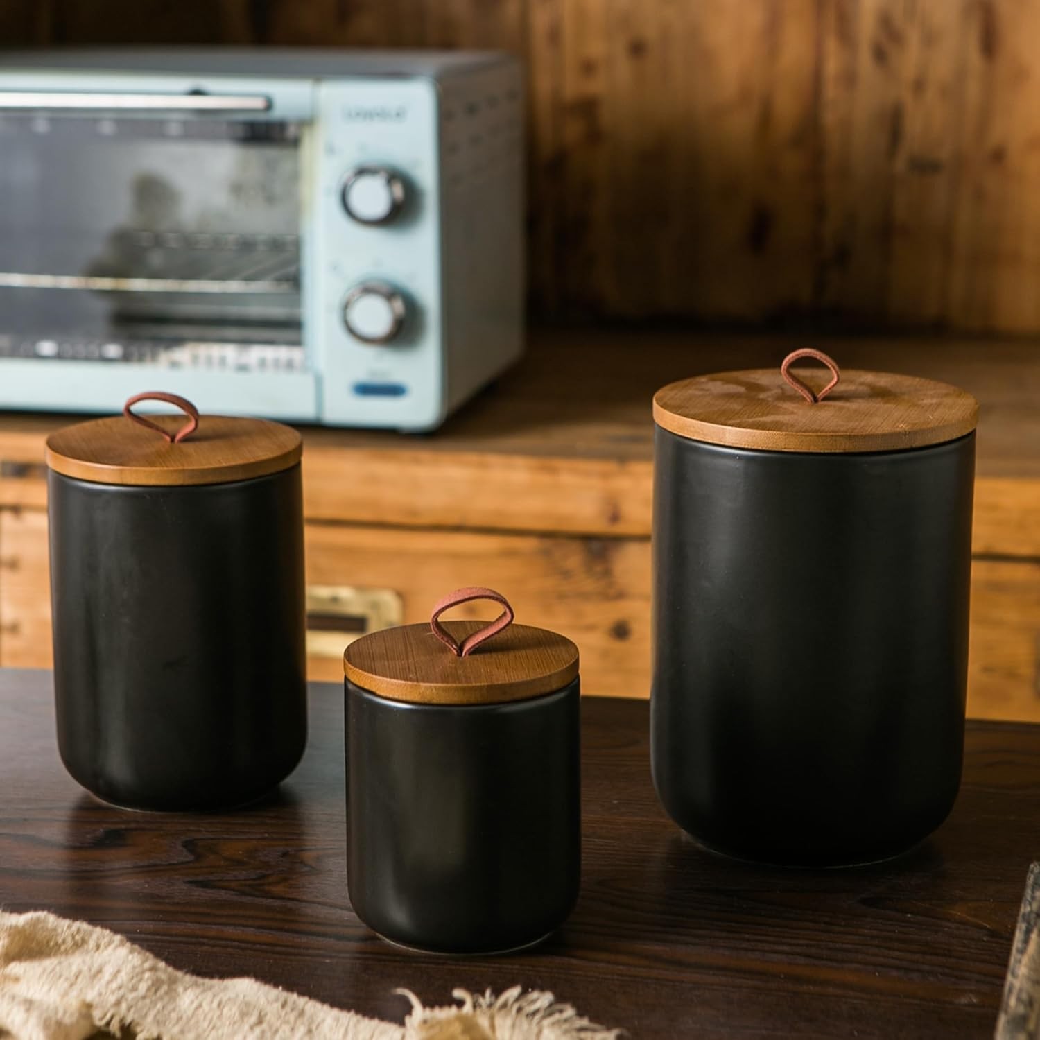 Black Ceramic Canister Set with Wooden Lid, 3-Piece Airtight Food Storage Jars
