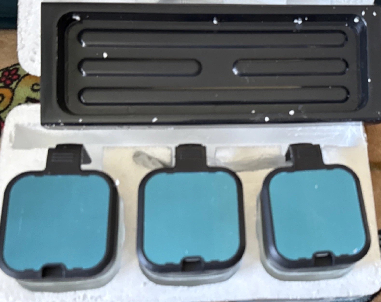 3-Piece Square Plastic Food Storage Container Set with Blue Snap Lids and Tray