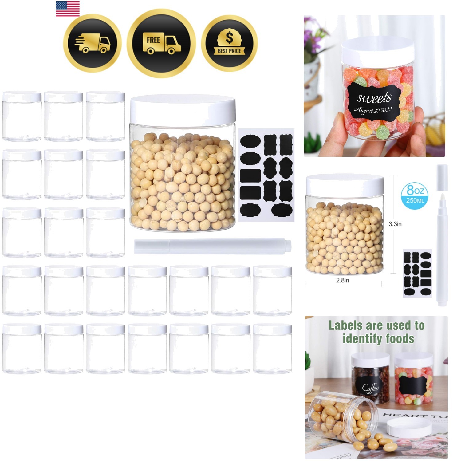 24Pack 8oz Plastic Jar Storage Container with White Lids Airtight Clear Wide-…