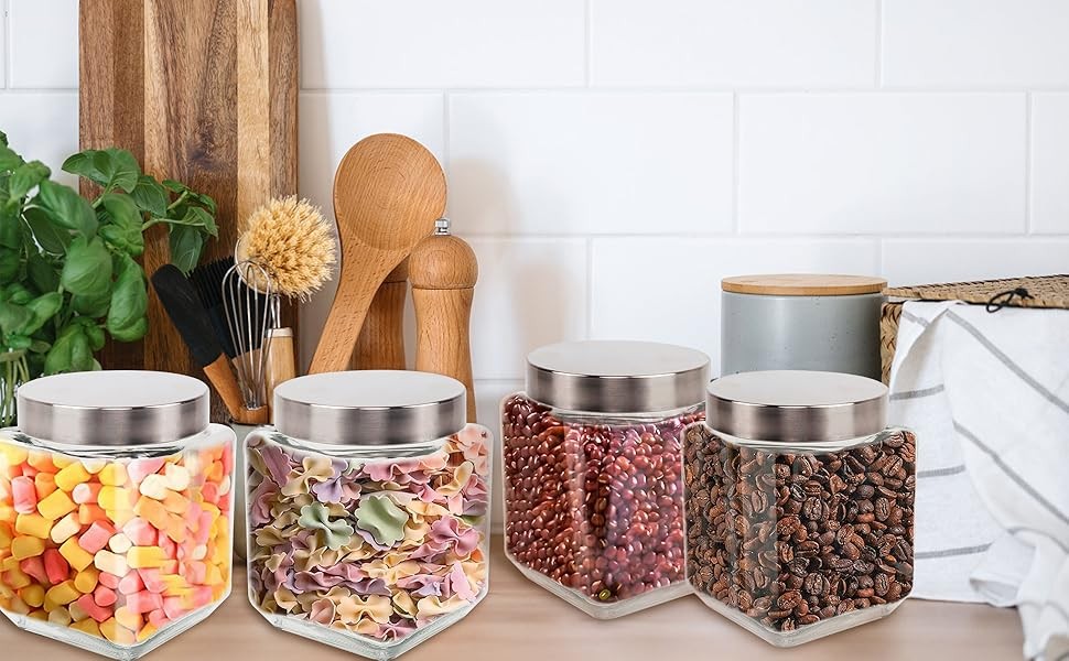 37 oz Square Glass Jars with Lids, 4 Pack Glass Canisters with Metal Lids, Clear