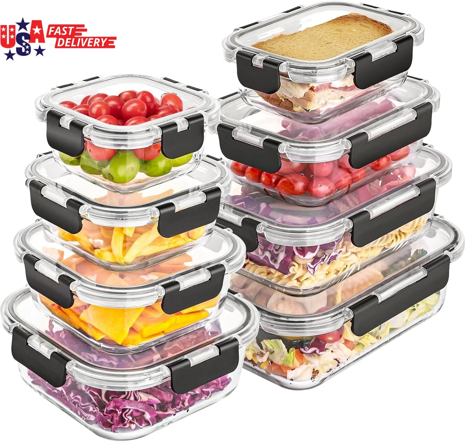 8 Pack Glass Food Storage Containers with Lids, Meal Prep Containers, Airtight B