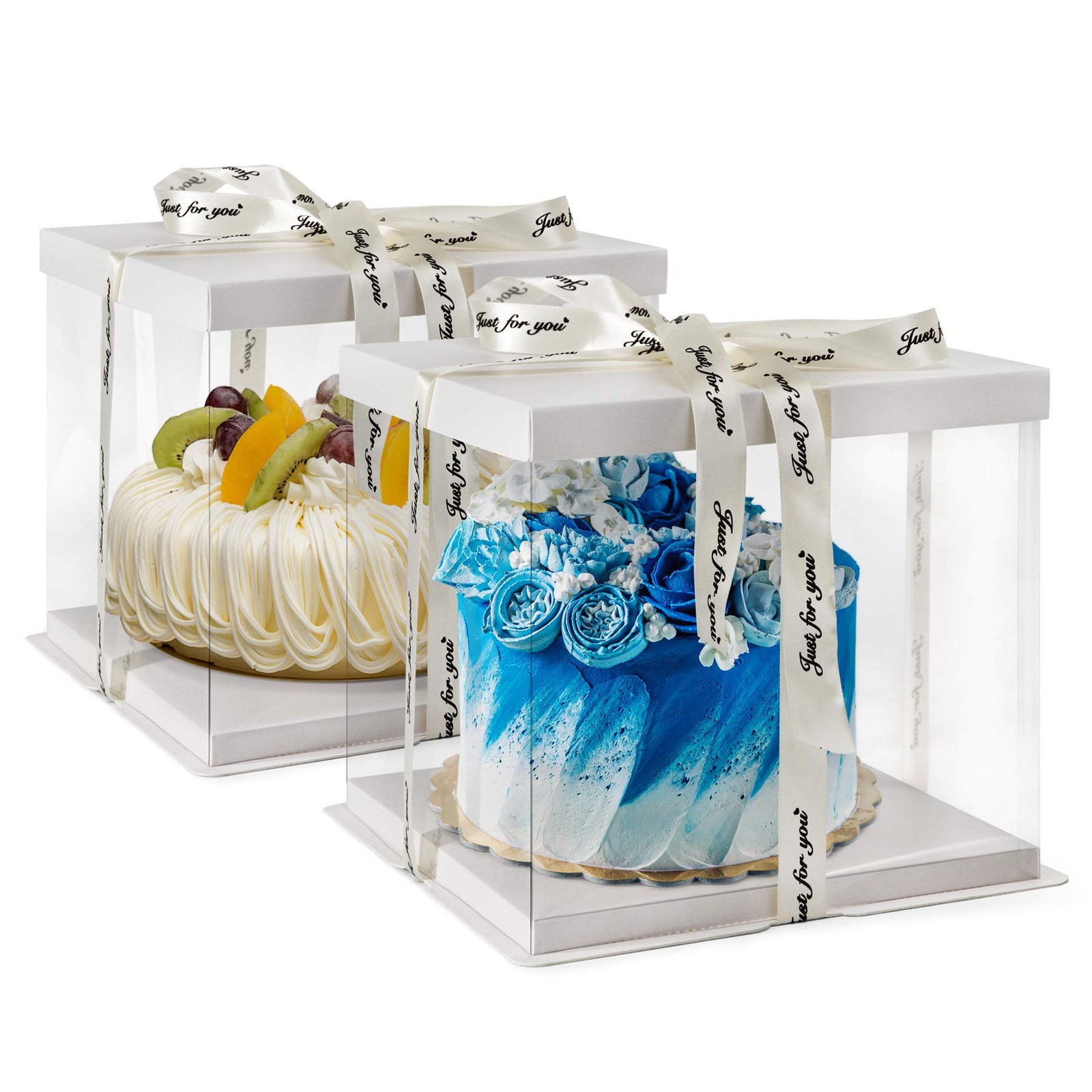 2-Pack 10″x10″x9″ White Clear Cake Box Carrier Container with Lid Ribbon