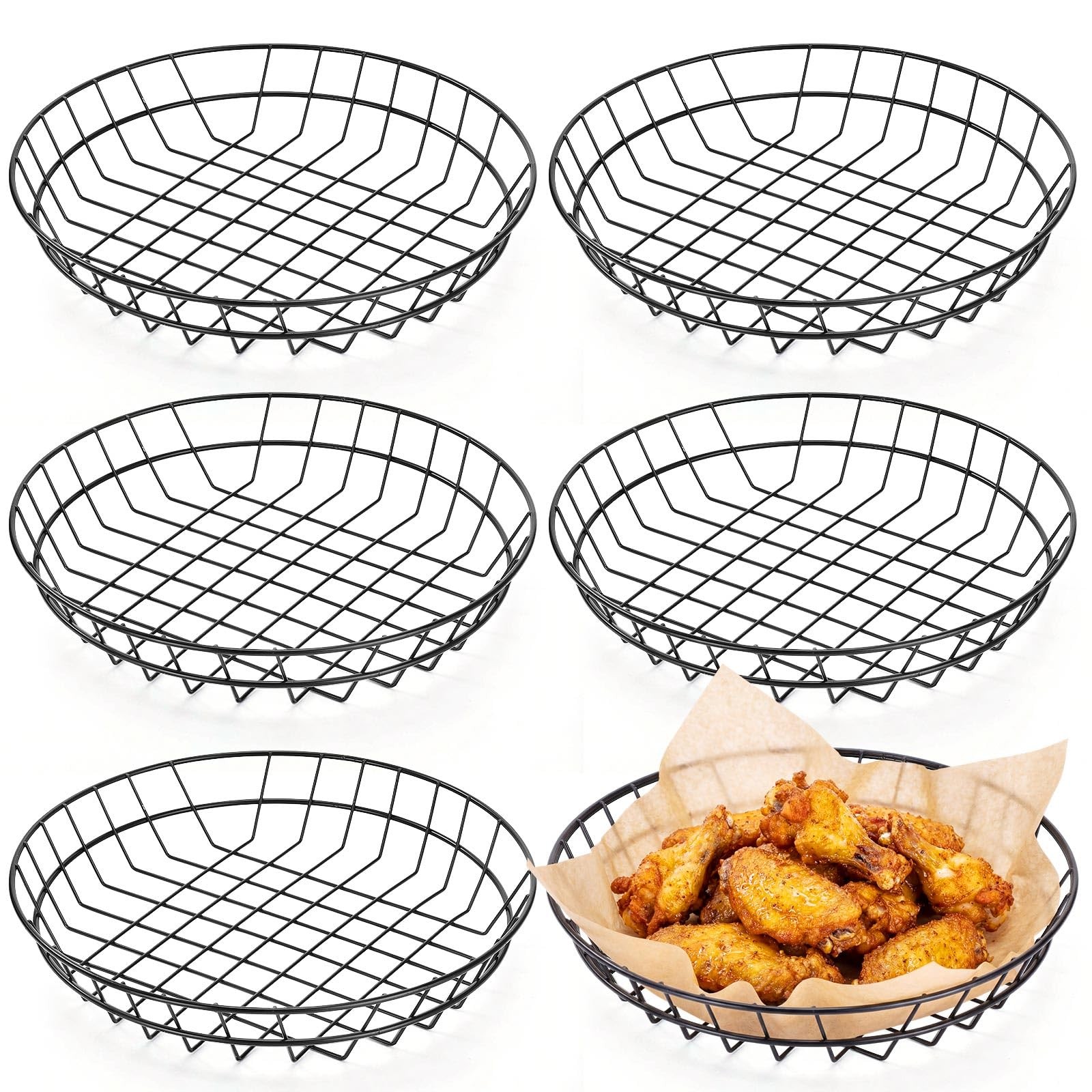 9.5×6.2×2.2 Inch Chrome Oval Metal Wire Fast Food Serving Basket Black 6 PCS